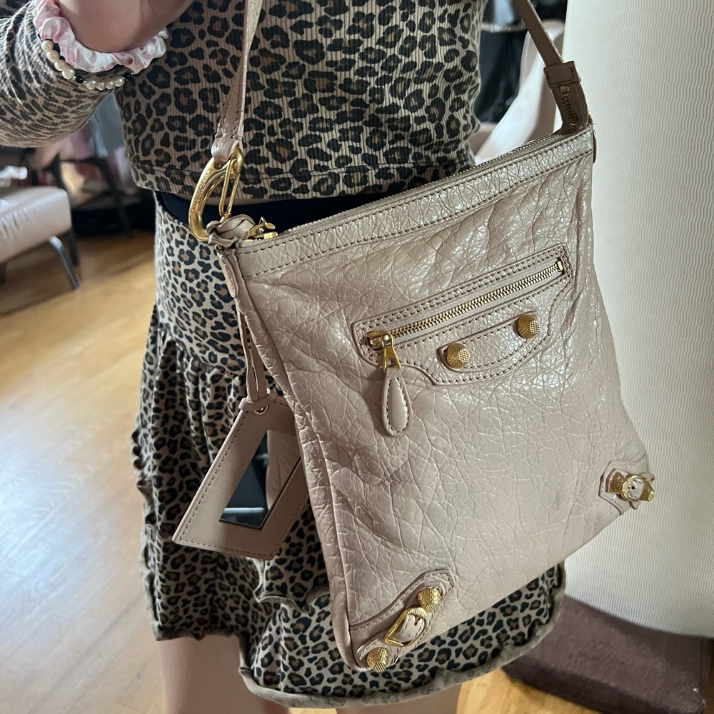 Balenciaga Light Pink Crinkled Leather Crossbody Bag with Gold Hardware